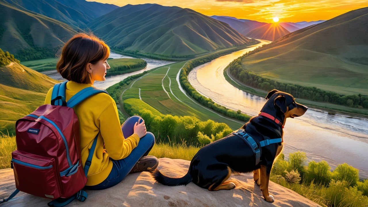Woman and dog on hilltop at sunset over river
