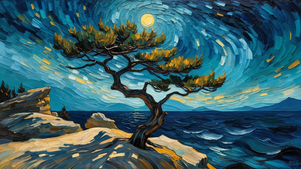 Night Sky and Bent Tree on Rocky Shoreline Scene