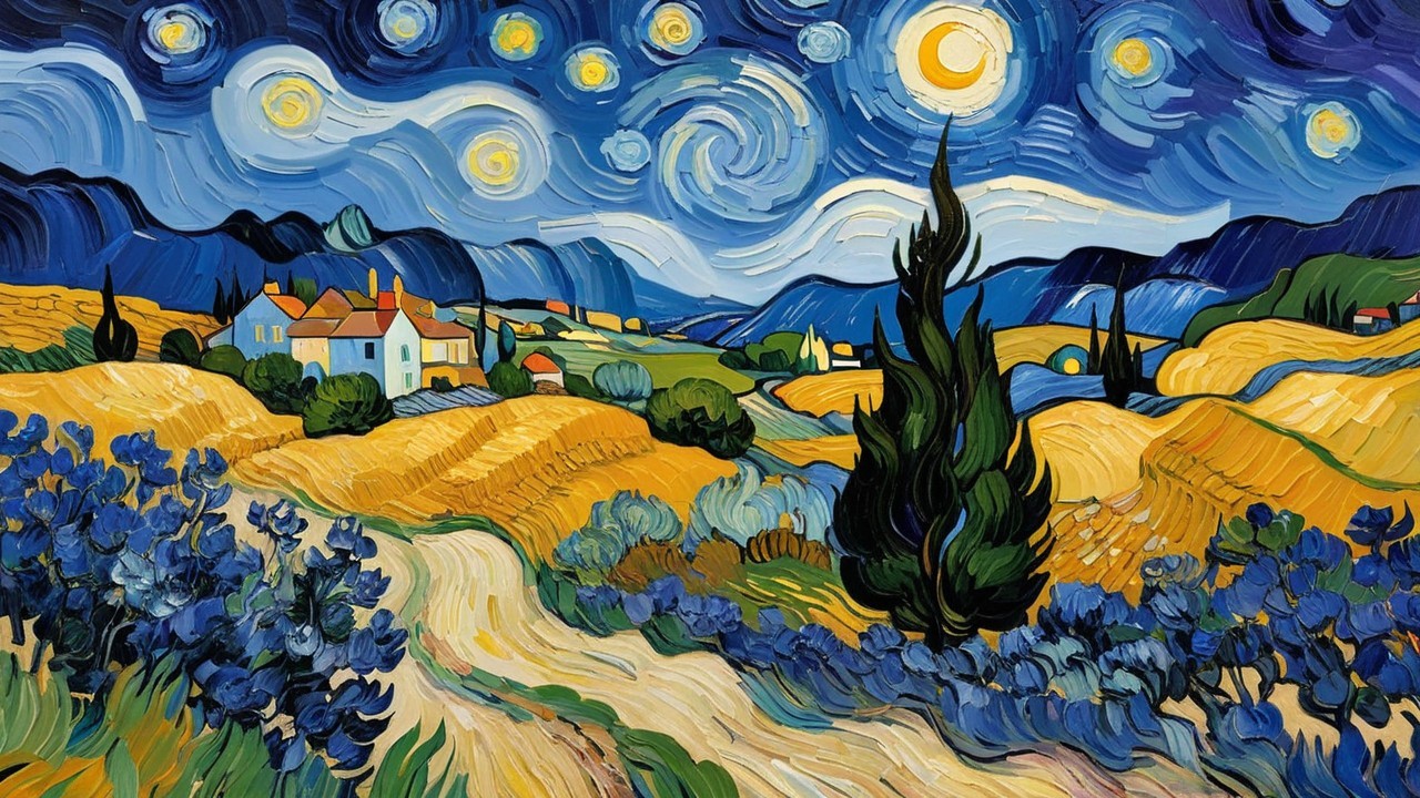 Vibrant rural landscape at dusk with swirling sky