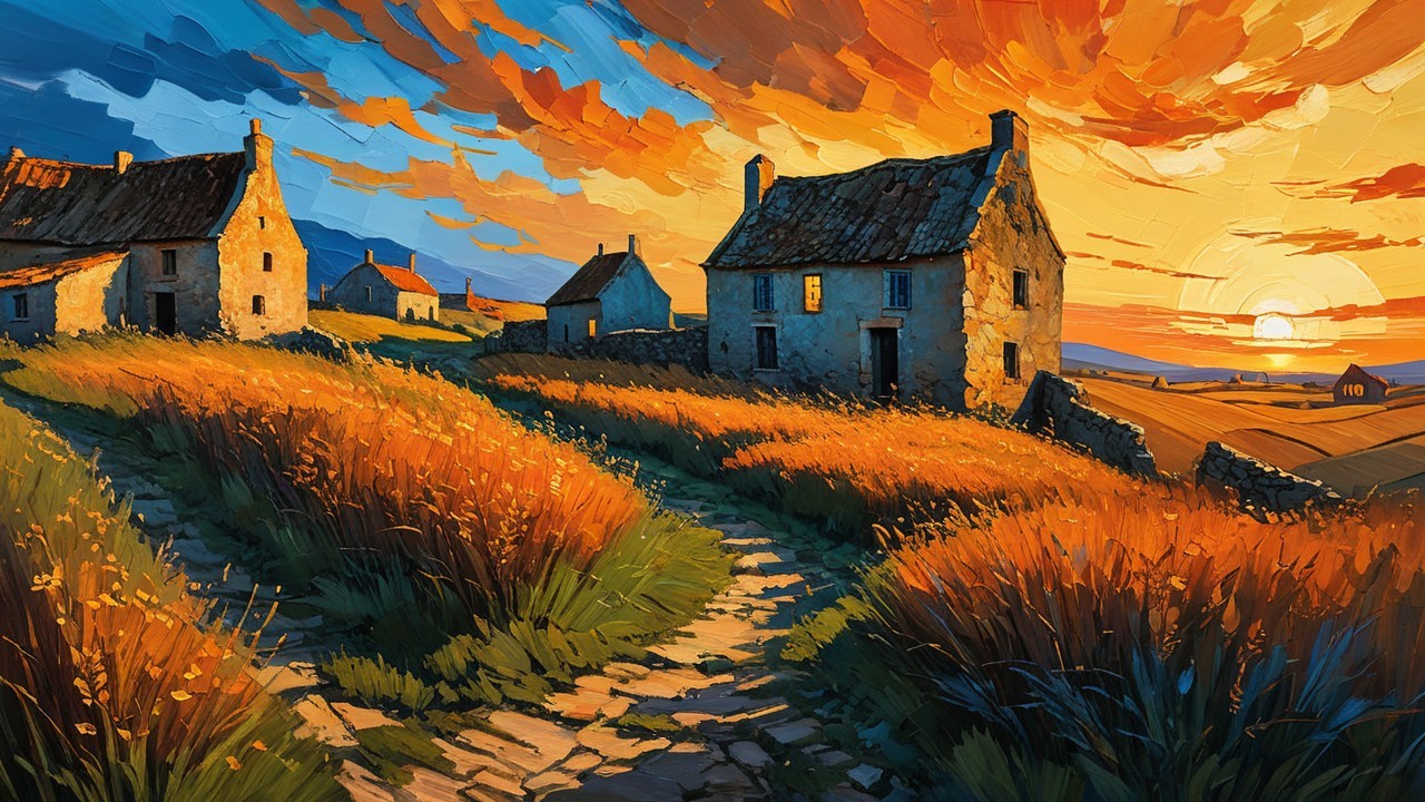 Vibrant Sunset Over a Serene Rural Landscape