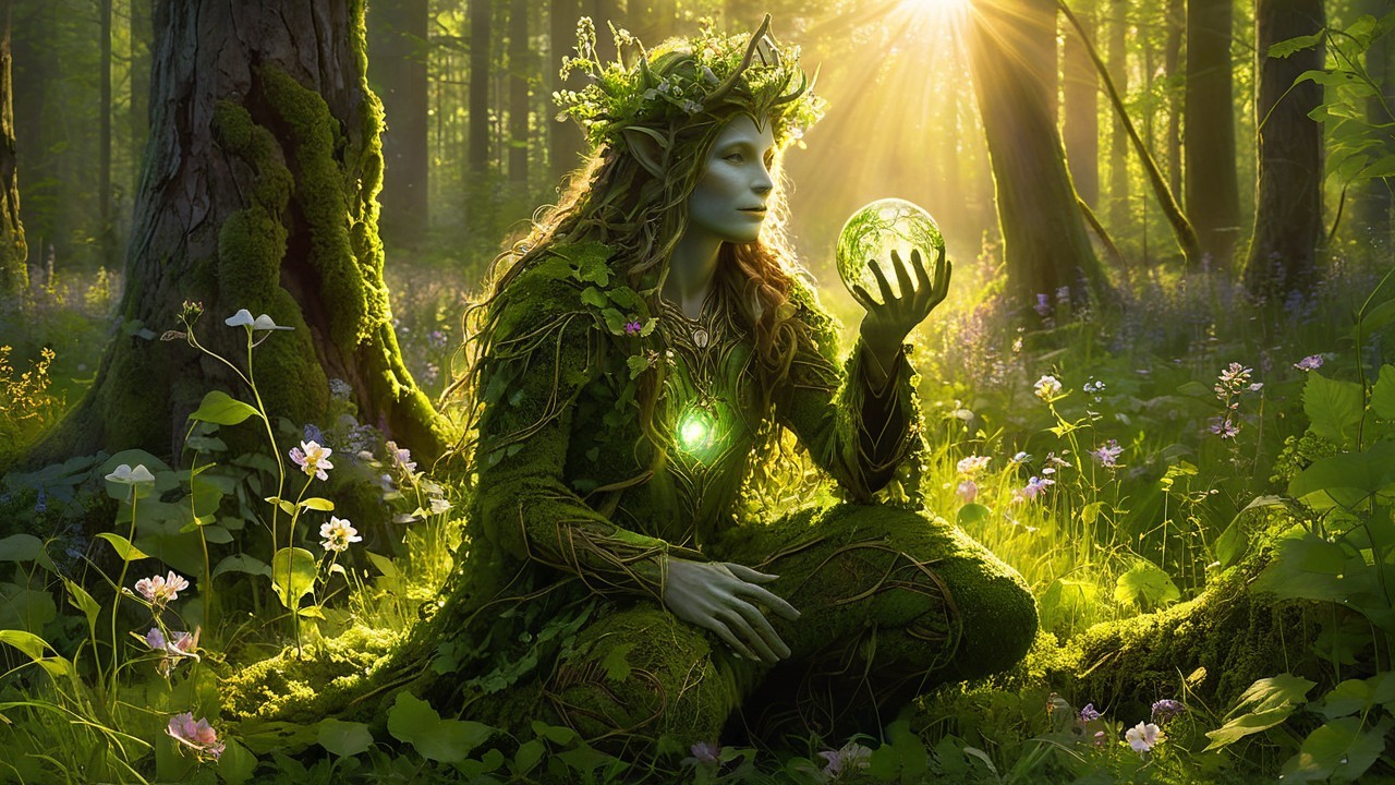 Mystical Figure in a Lush, Enchanted Forest