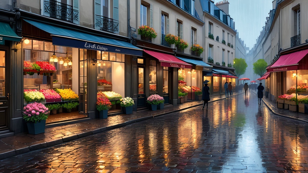 Charming Paris Street with Flower Shops and Rain