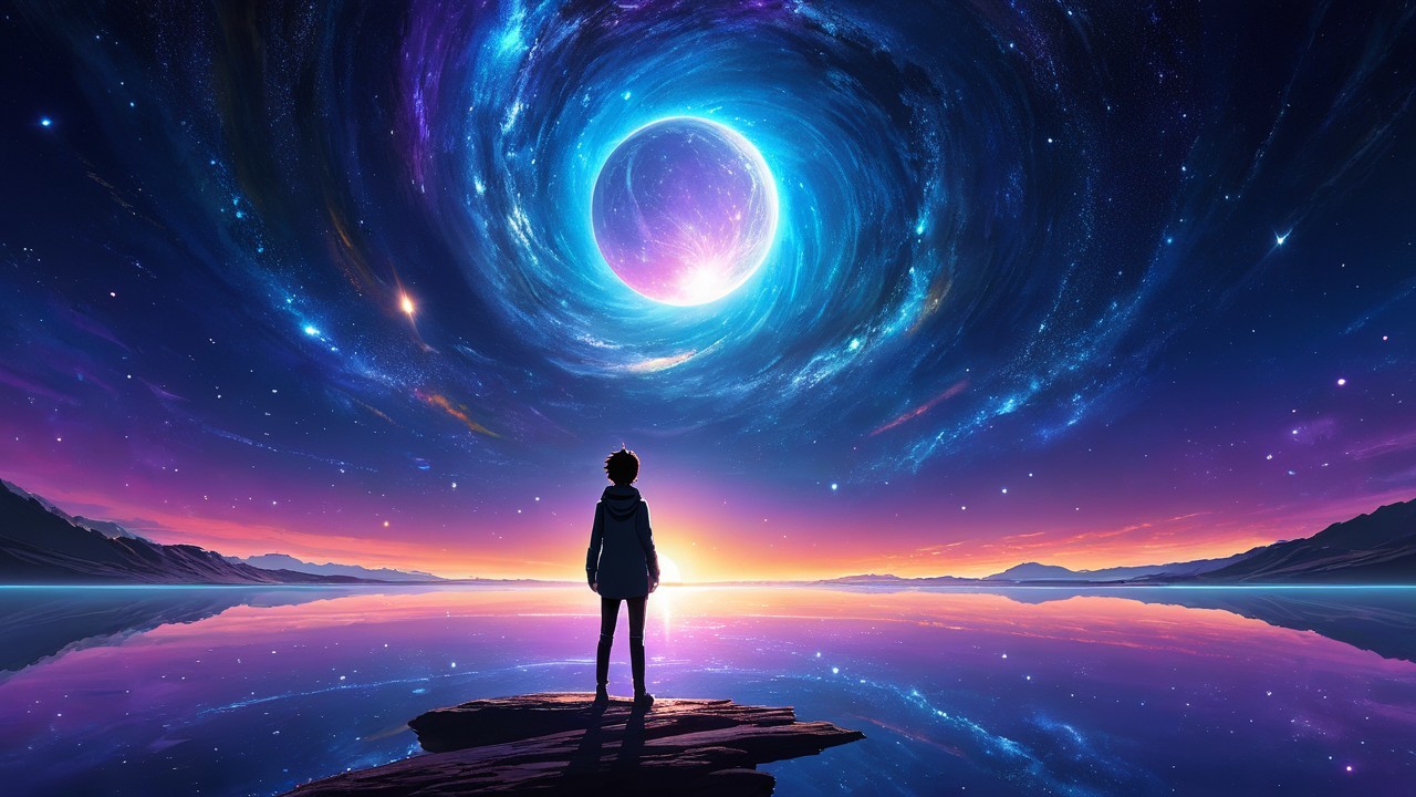 Cosmic Scene with Figure on Rocky Outcrop and Water