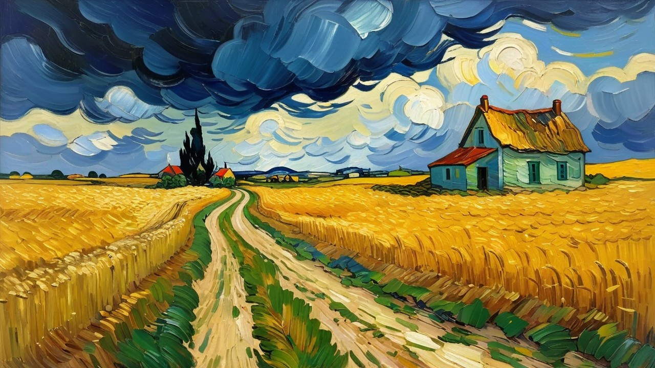 Countryside Scene with Wheat Fields and Green House