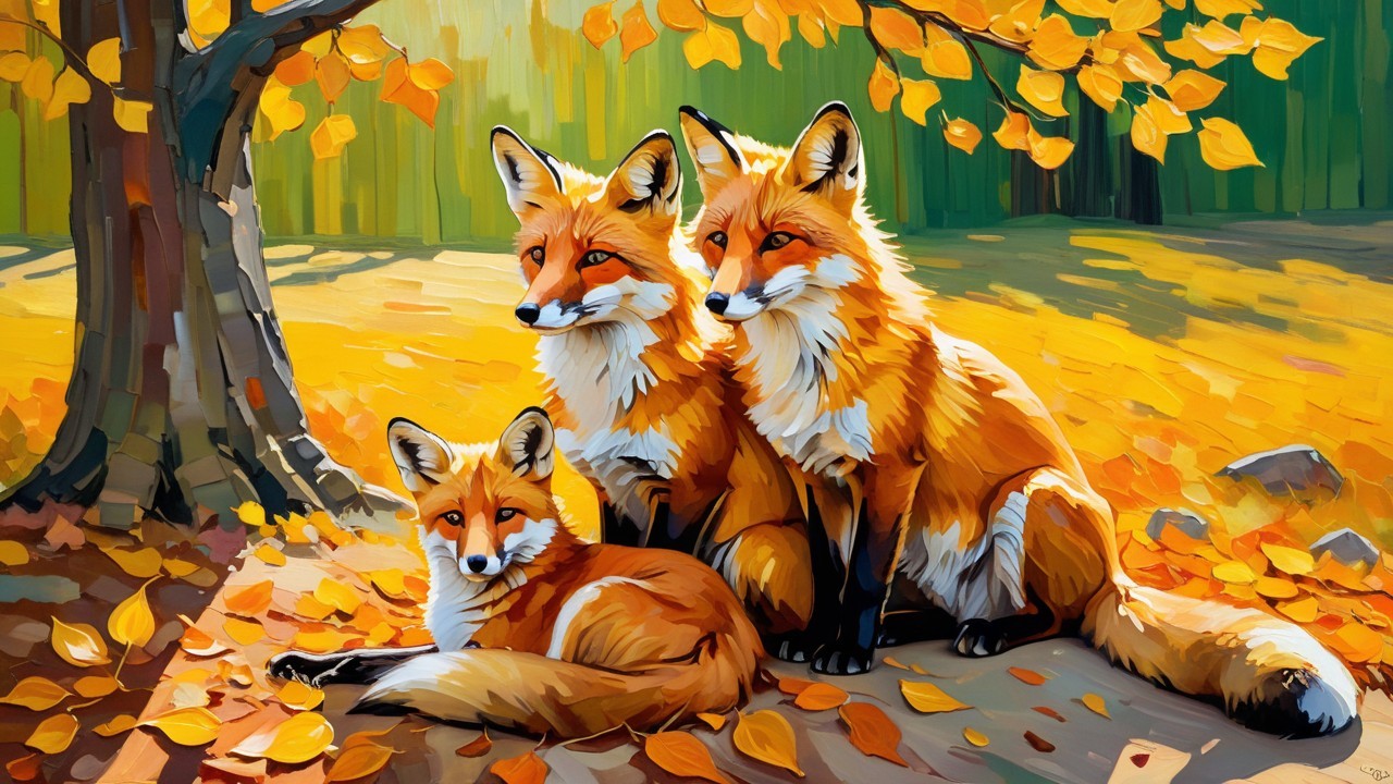 Autumn Scene with Three Resting Foxes Among Leaves