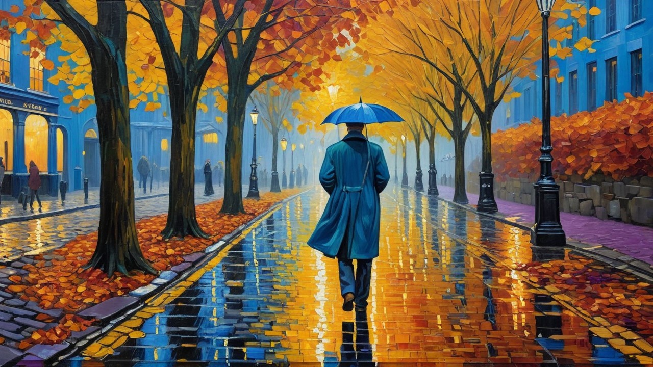 Autumn Scene with Figure on Rainy Street