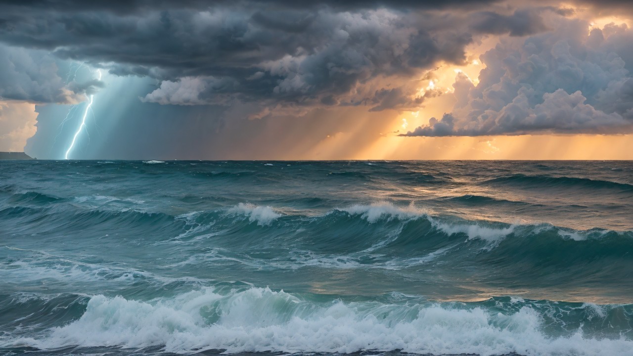 Dramatic Seascape with Turbulent Waves and Stormy Sky