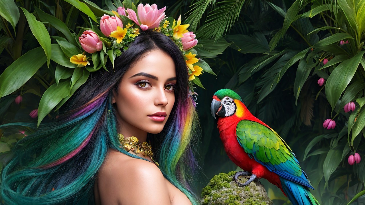 Vibrant Woman with Colorful Hair in Tropical Setting