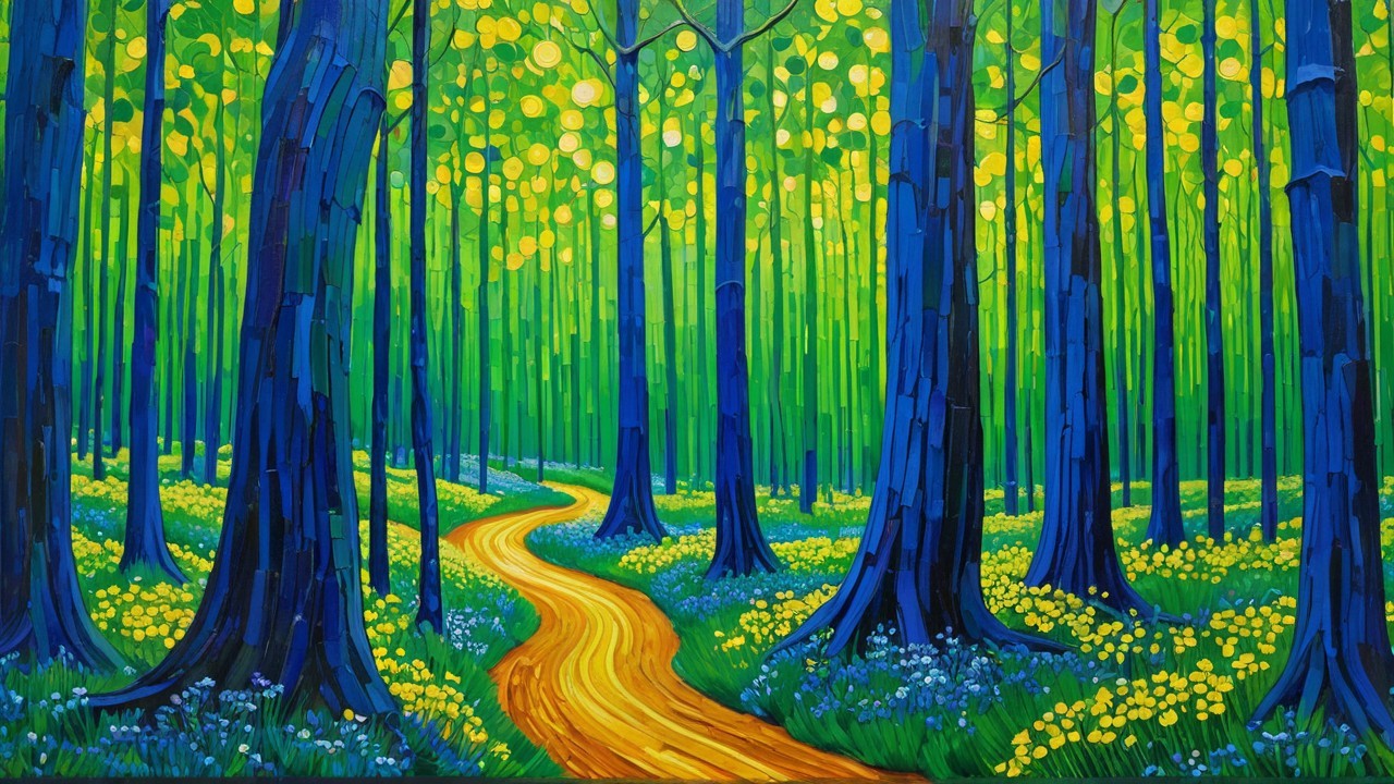 Impressionistic Painting of a Colorful Forest Scene