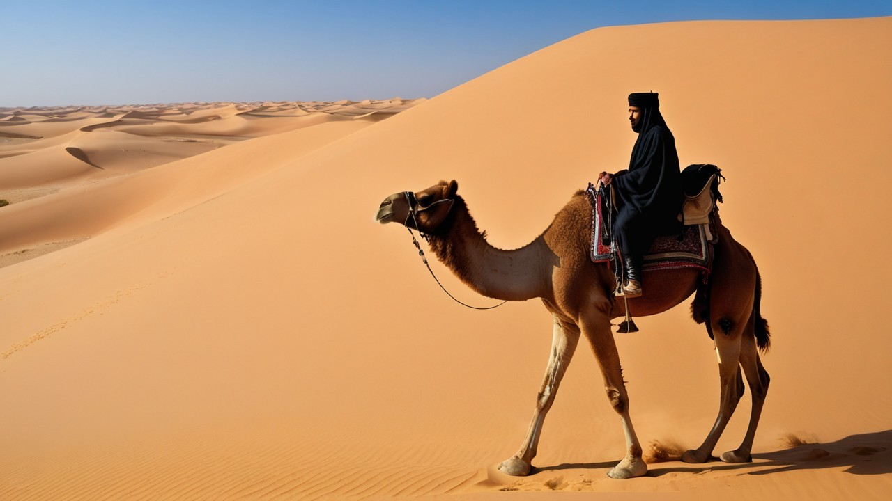 Lone Rider on Camel in Serene Desert Landscape