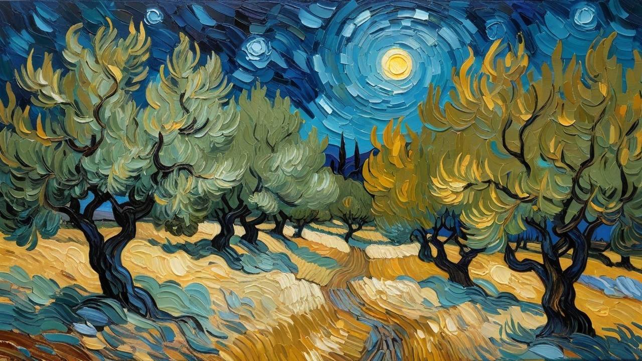 Olive Grove Under Night Sky with Textured Brushstrokes