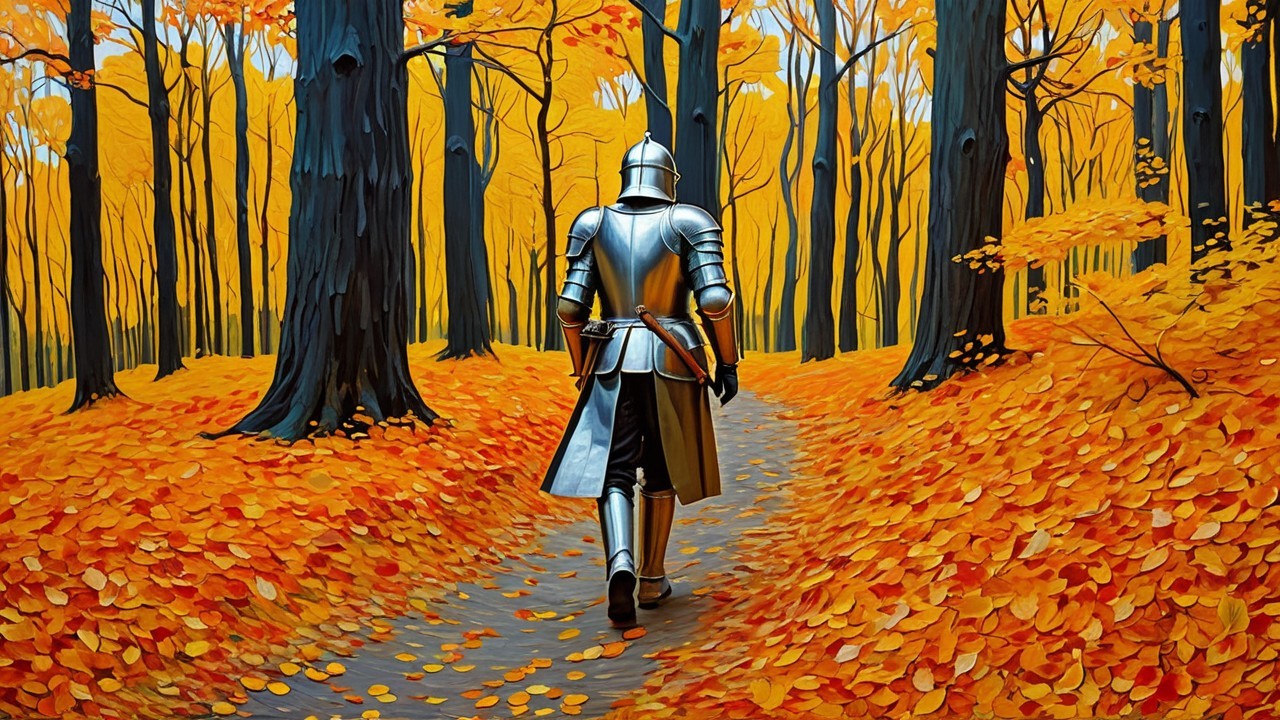 Knight in Armor Walking Through Autumn Forest Path
