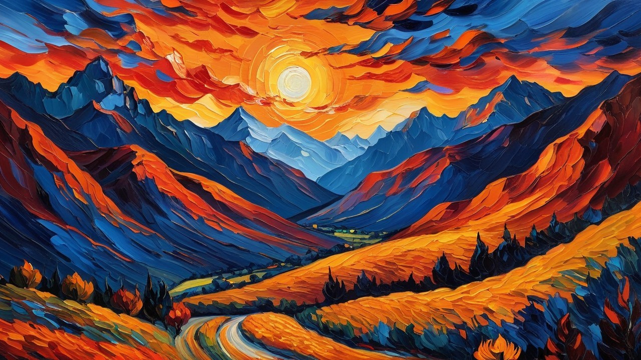 Vibrant Landscape with Hills, Mountains, and Sunset Sky