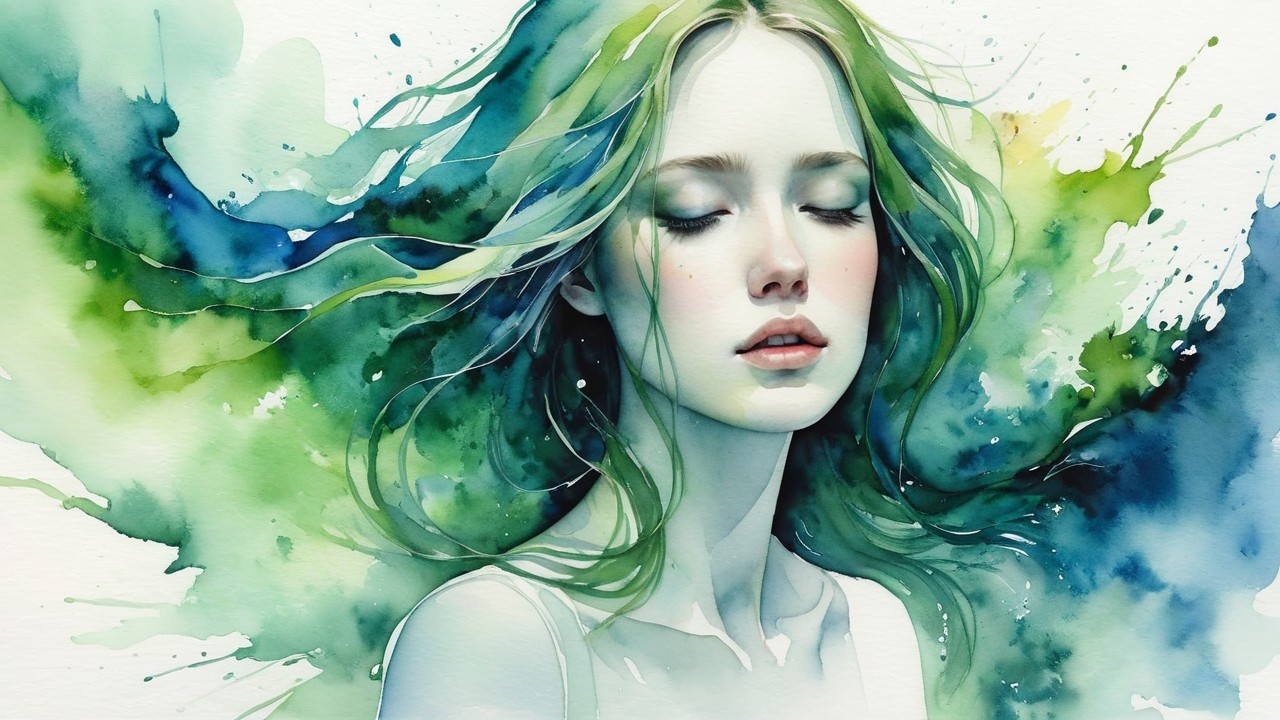 Ethereal Young Woman with Flowing Hair and Watercolors