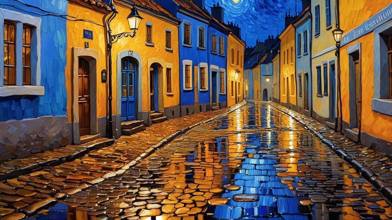Charming Cobblestone Street with Vibrant Buildings at Night