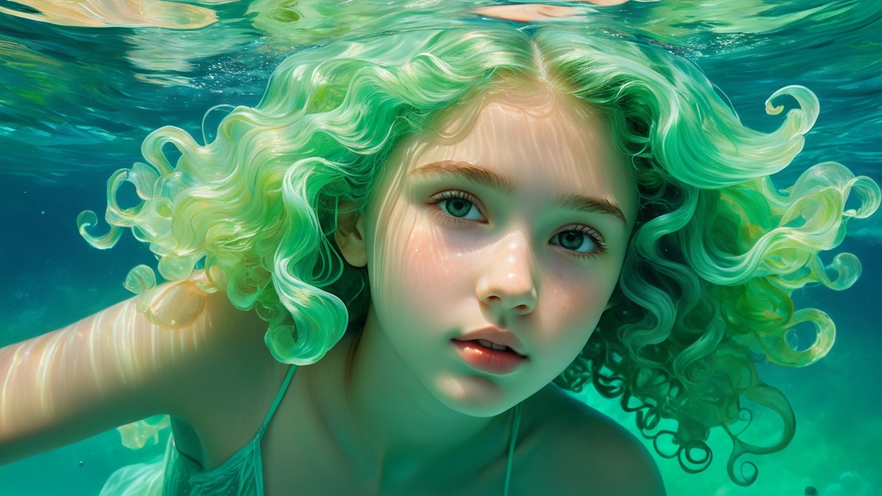 Young girl with green hair swimming underwater