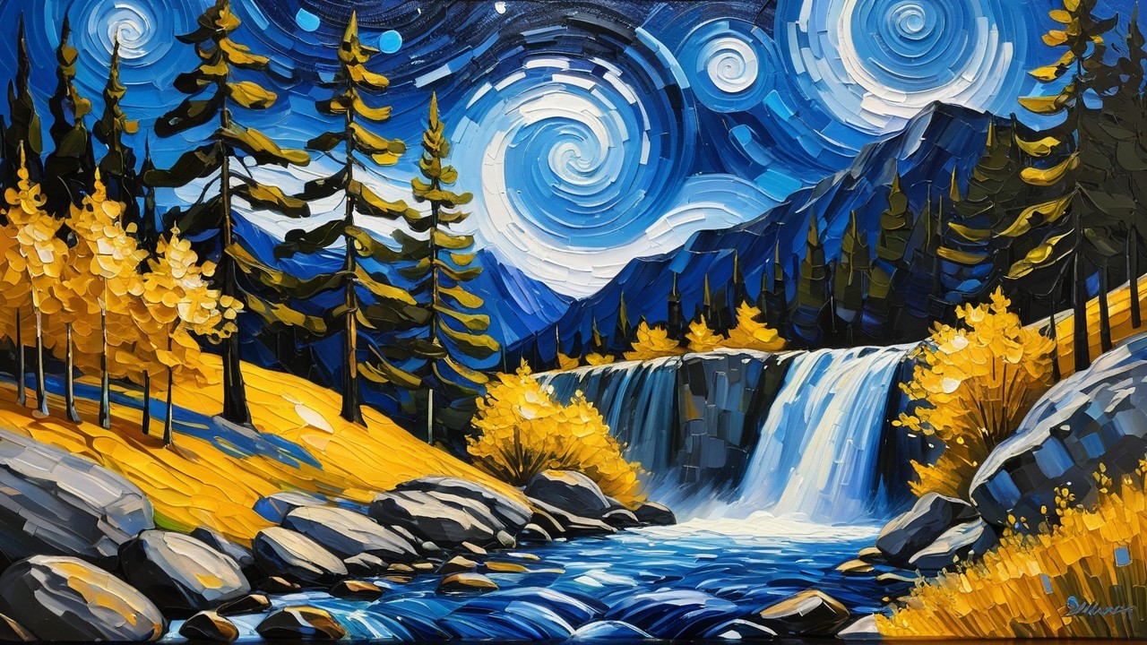 Impasto Painting of Waterfall in Mountainous Forest