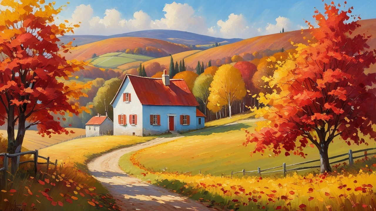 Countryside Scene with Blue House and Autumn Foliage