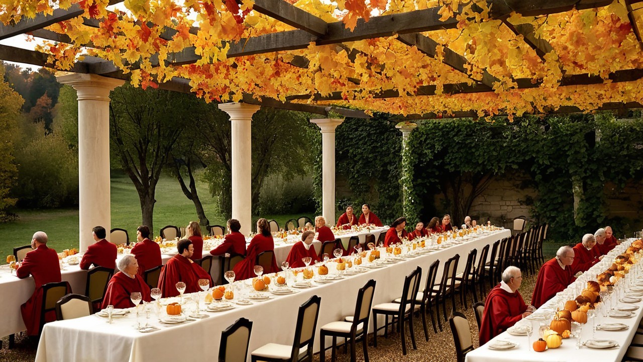 Elegant Outdoor Dining with Autumn Foliage and Pumpkins