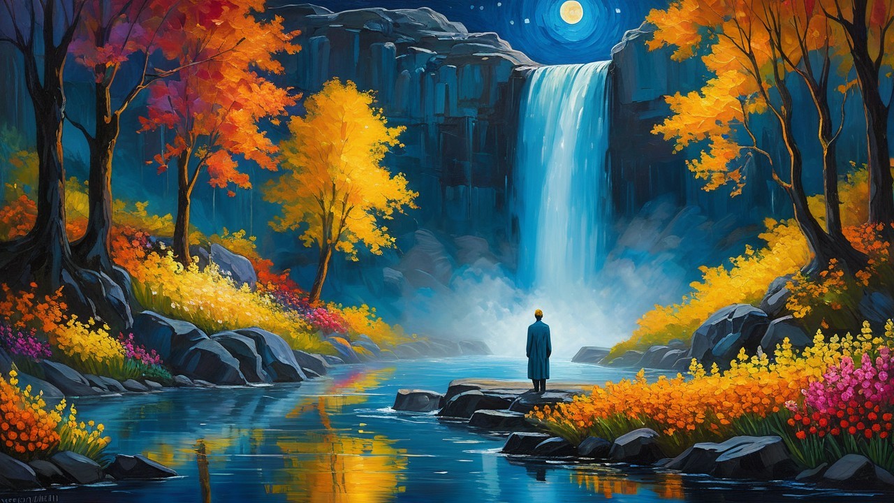 Serene Landscape with Waterfall and Autumn Trees