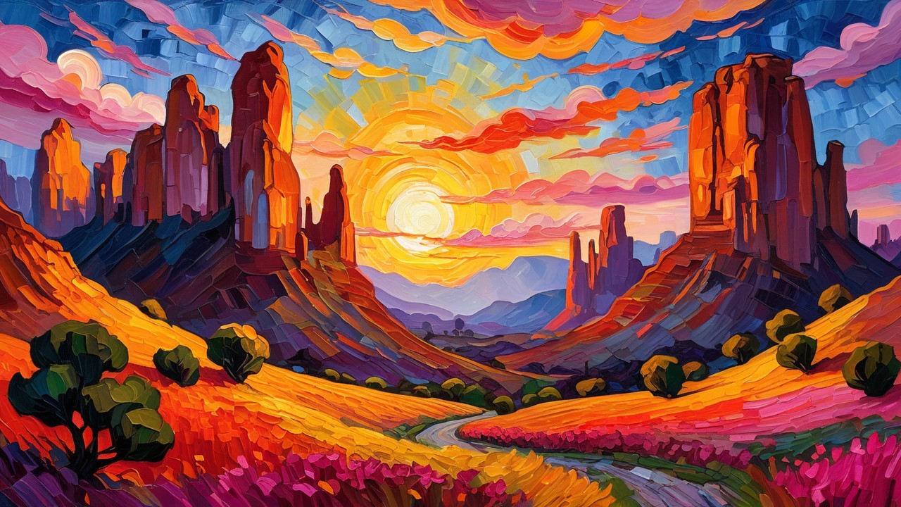 Vibrant Sunset Landscape with Colorful Rock Formations