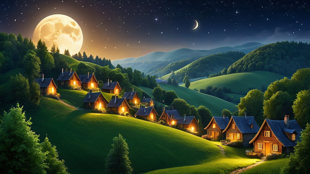 Cozy Cottages in a Dusk Landscape with Moonlight