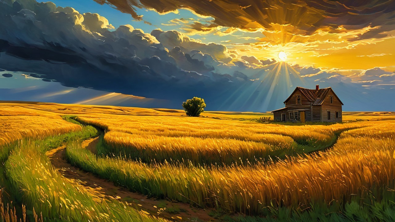 Countryside Sunset with Wheat Fields and Wooden House