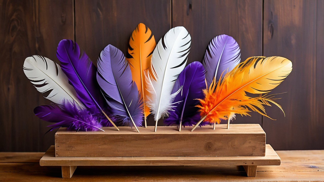 Vibrant Feather Arrangement on Wooden Base