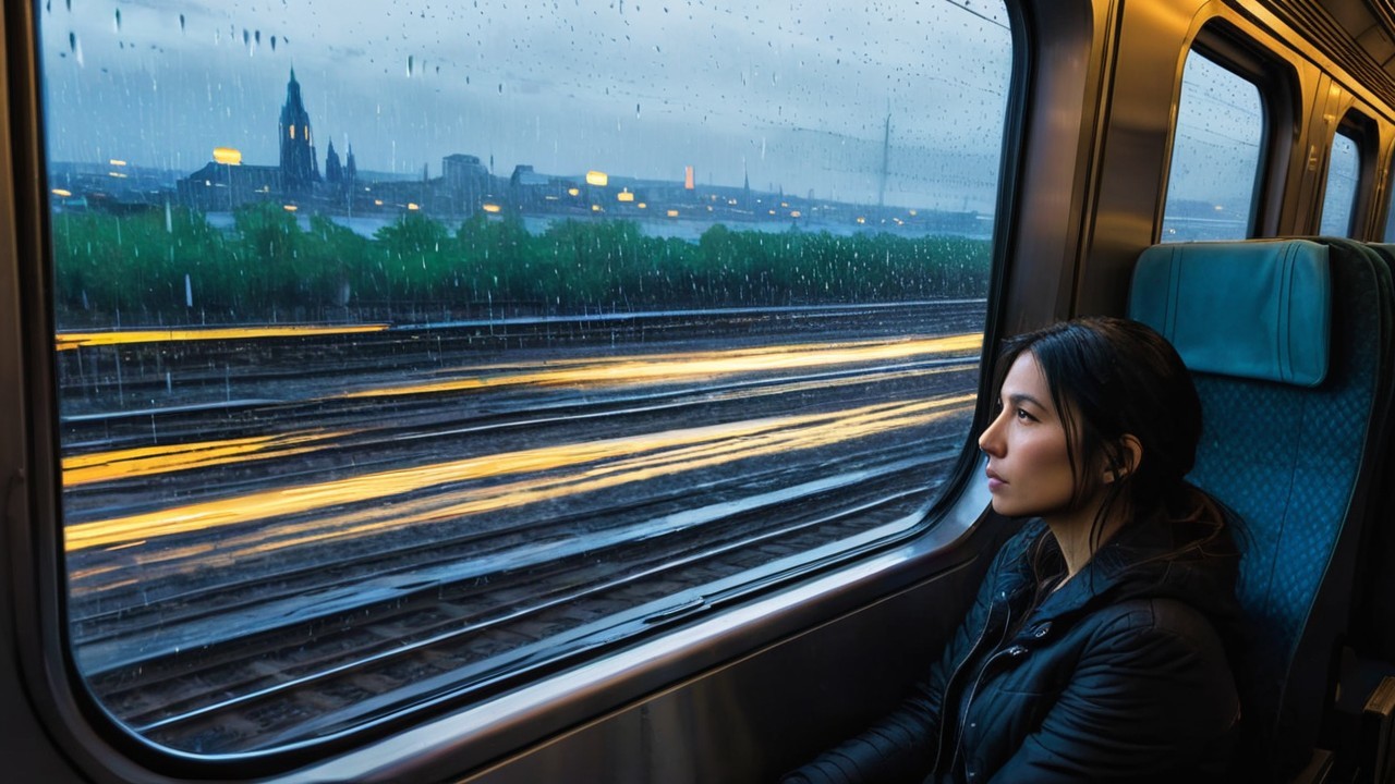 Woman Contemplating Rainy Cityscape from Train Window
