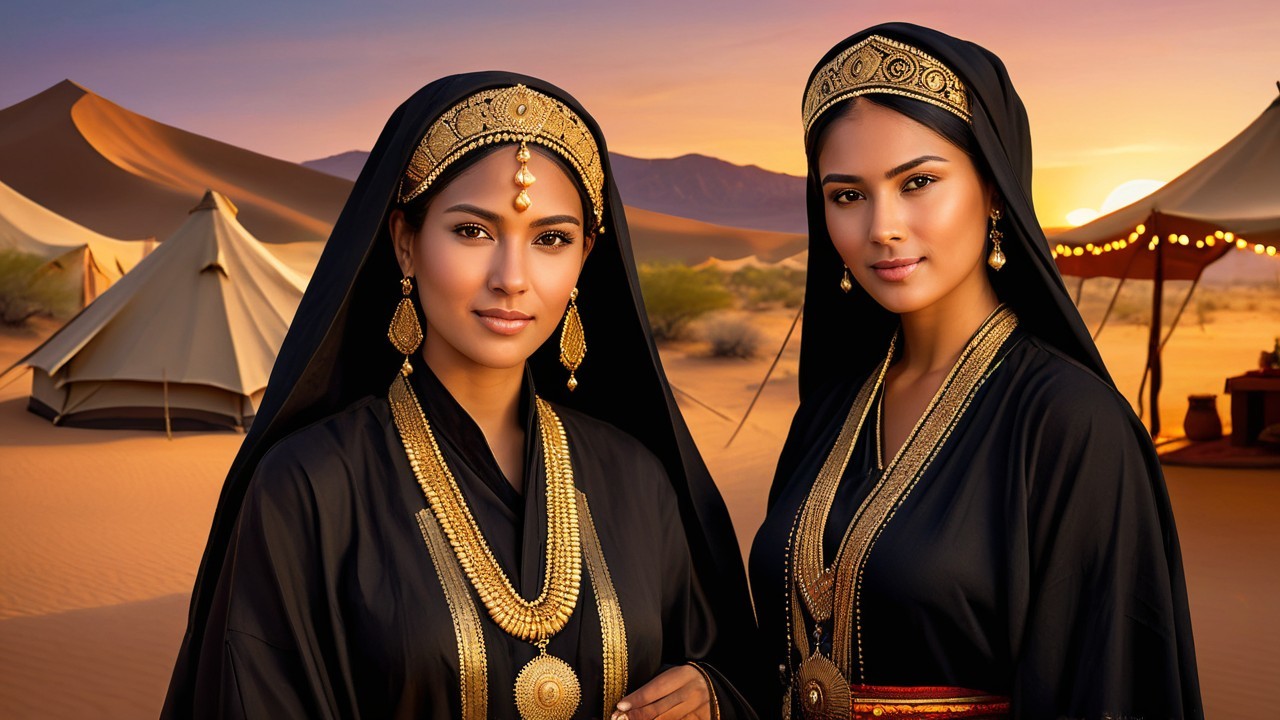 Elegant Women in Traditional Attire at Desert Sunset