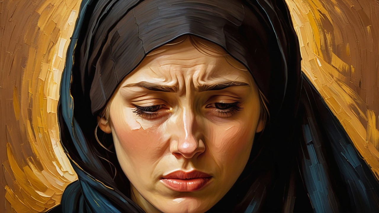 Woman in Dark Headscarf with Somber Expression