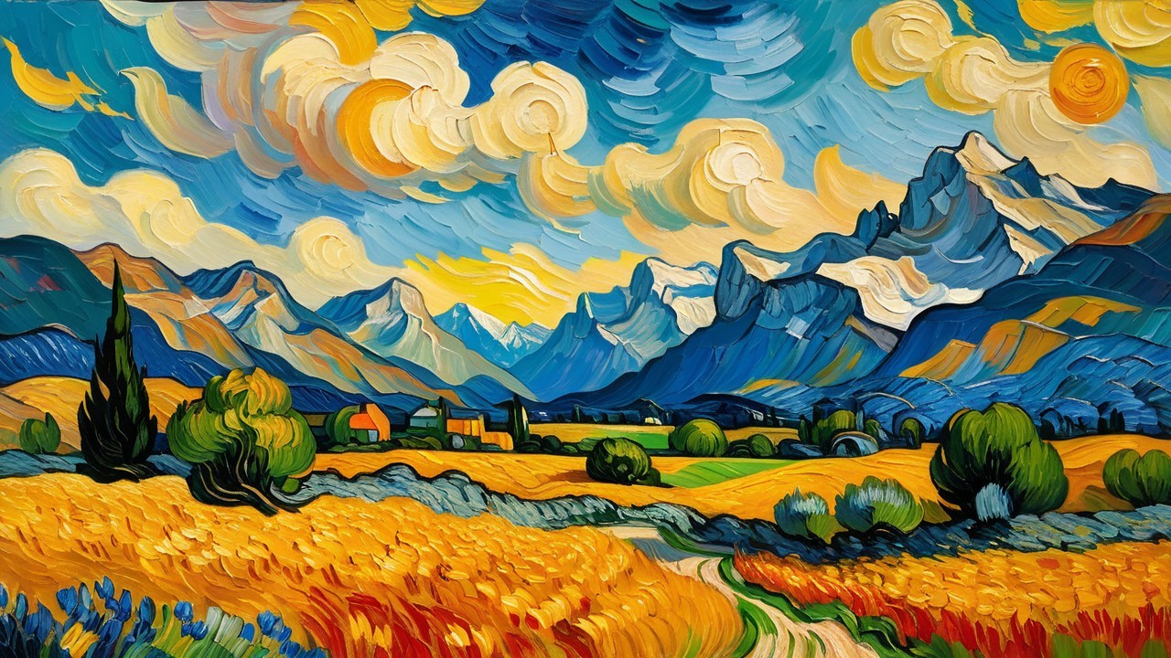 Vibrant Landscape with Golden Fields and Mountains