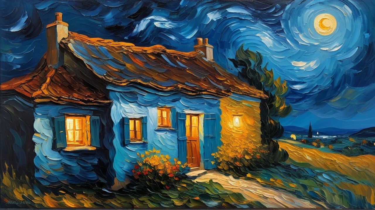Blue Cottage Under Night Sky with Moonlit Glow
