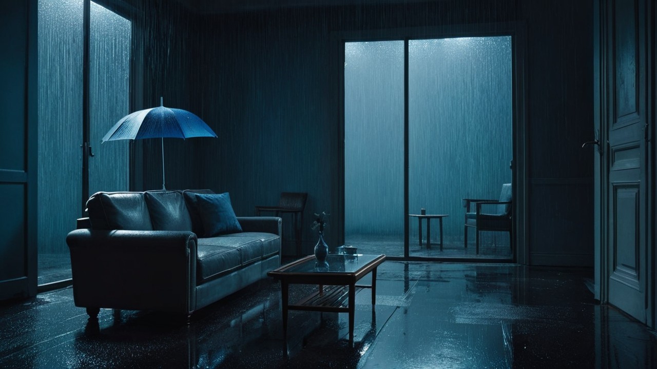 Cozy Room with Dark Sofa and Rainy Exterior View