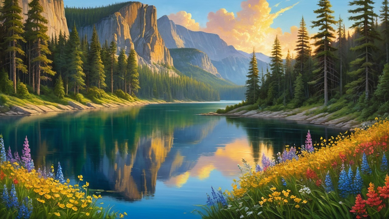 Serene Lake Landscape with Mountains and Wildflowers
