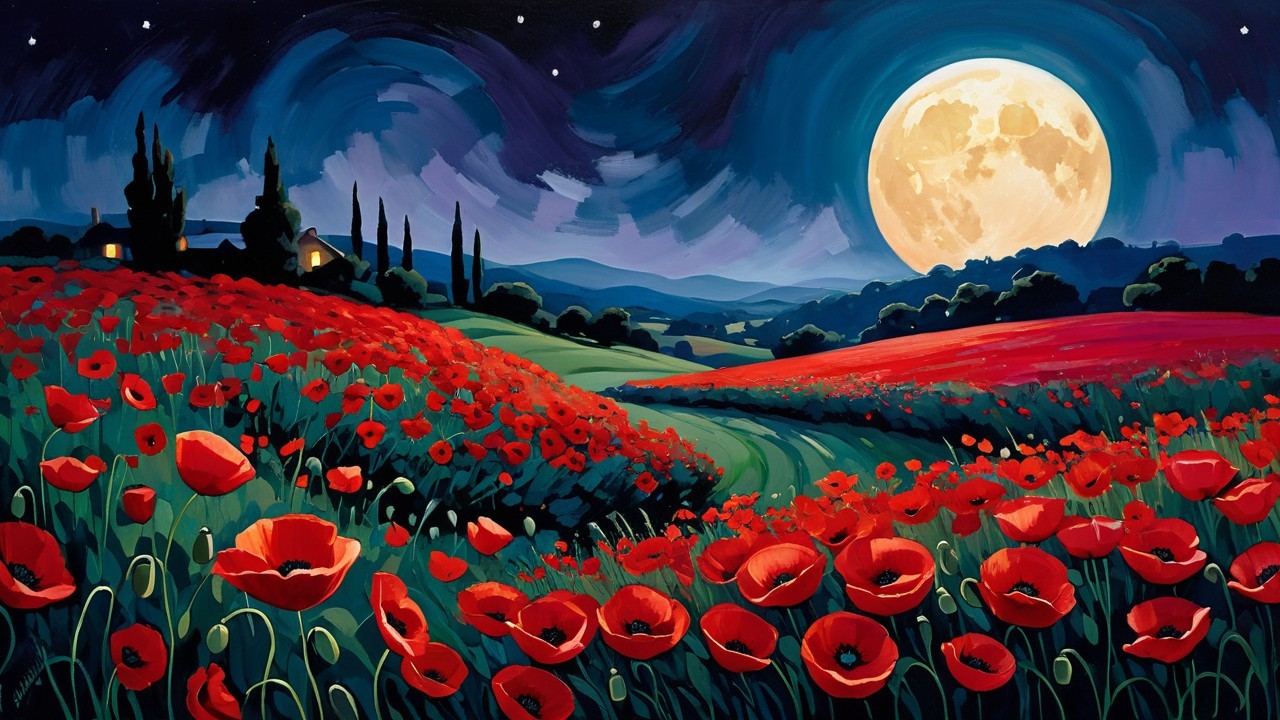 Vibrant Poppy Fields Under a Full Moon Landscape