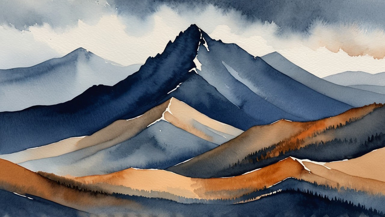 Serene Watercolor Landscape of Majestic Mountains