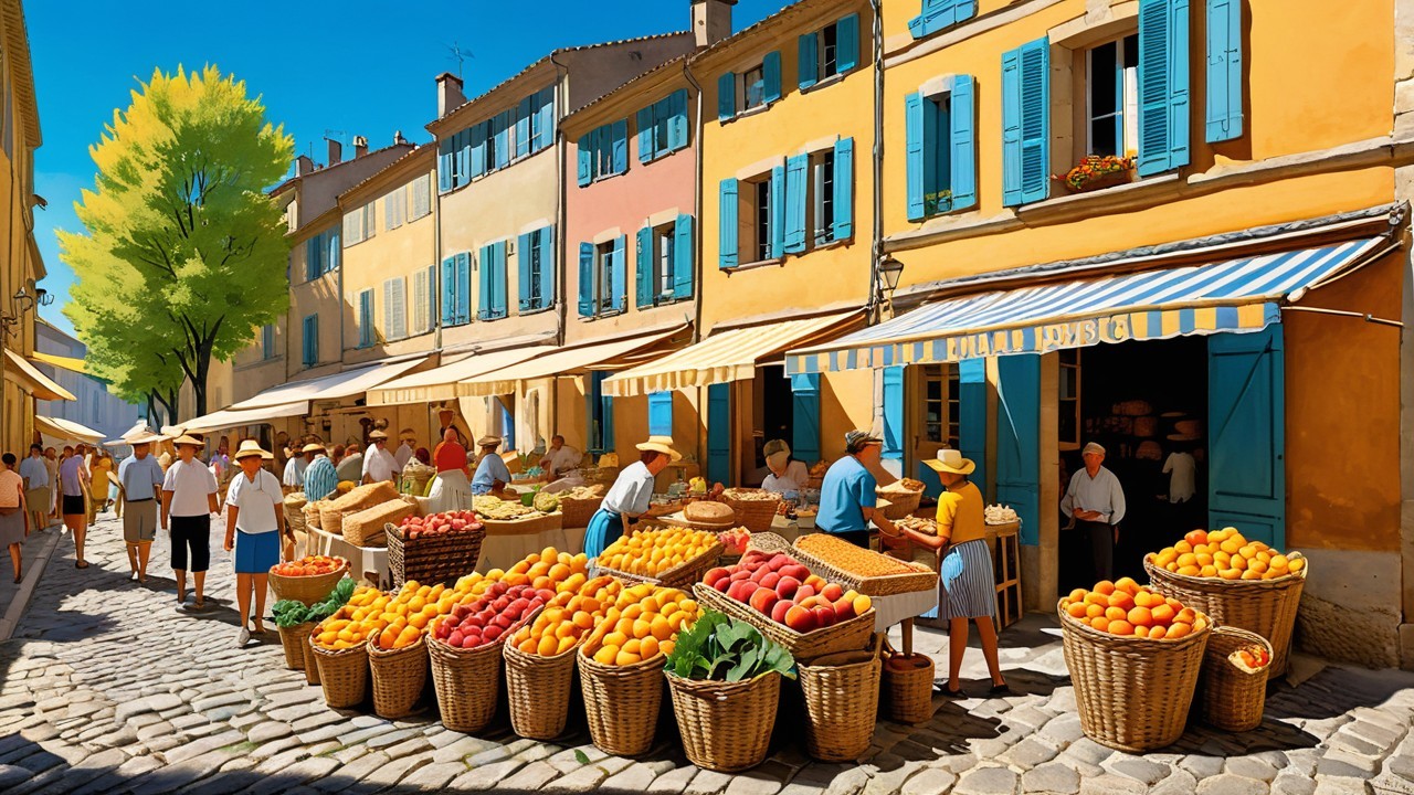 Vibrant Market Scene with Pastel Buildings and Stalls