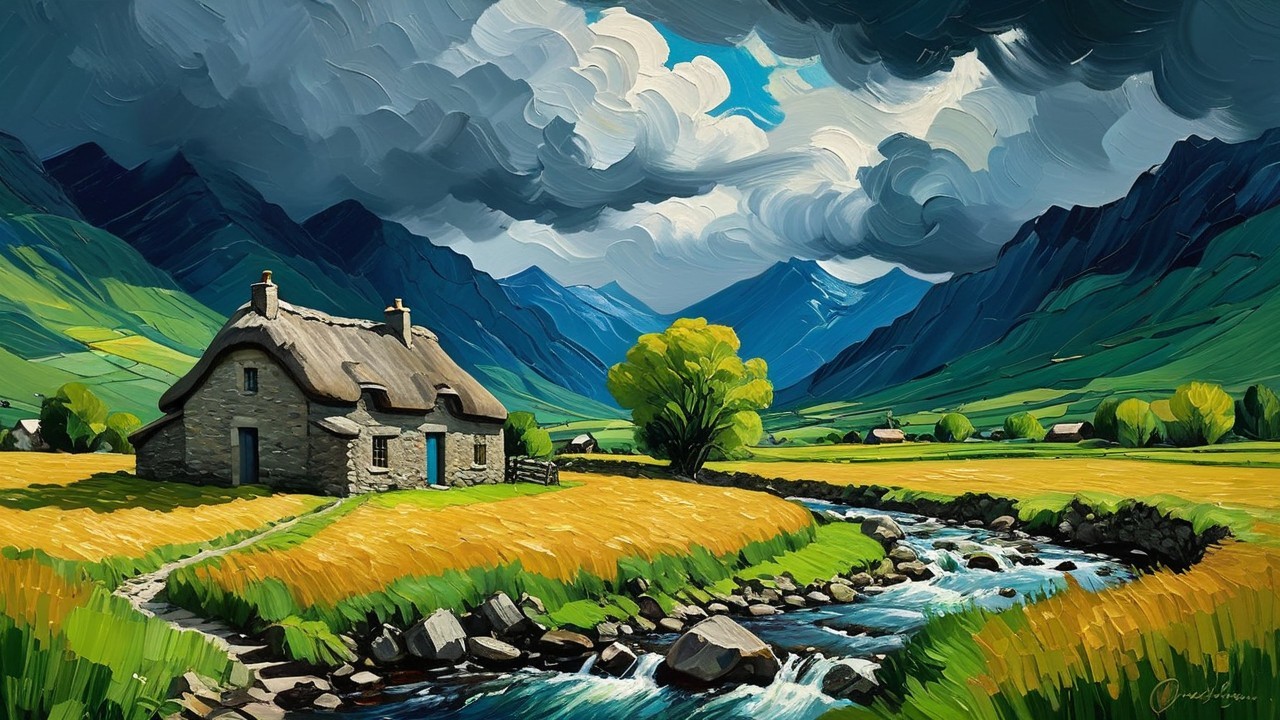 Stone cottage by stream in scenic mountain landscape