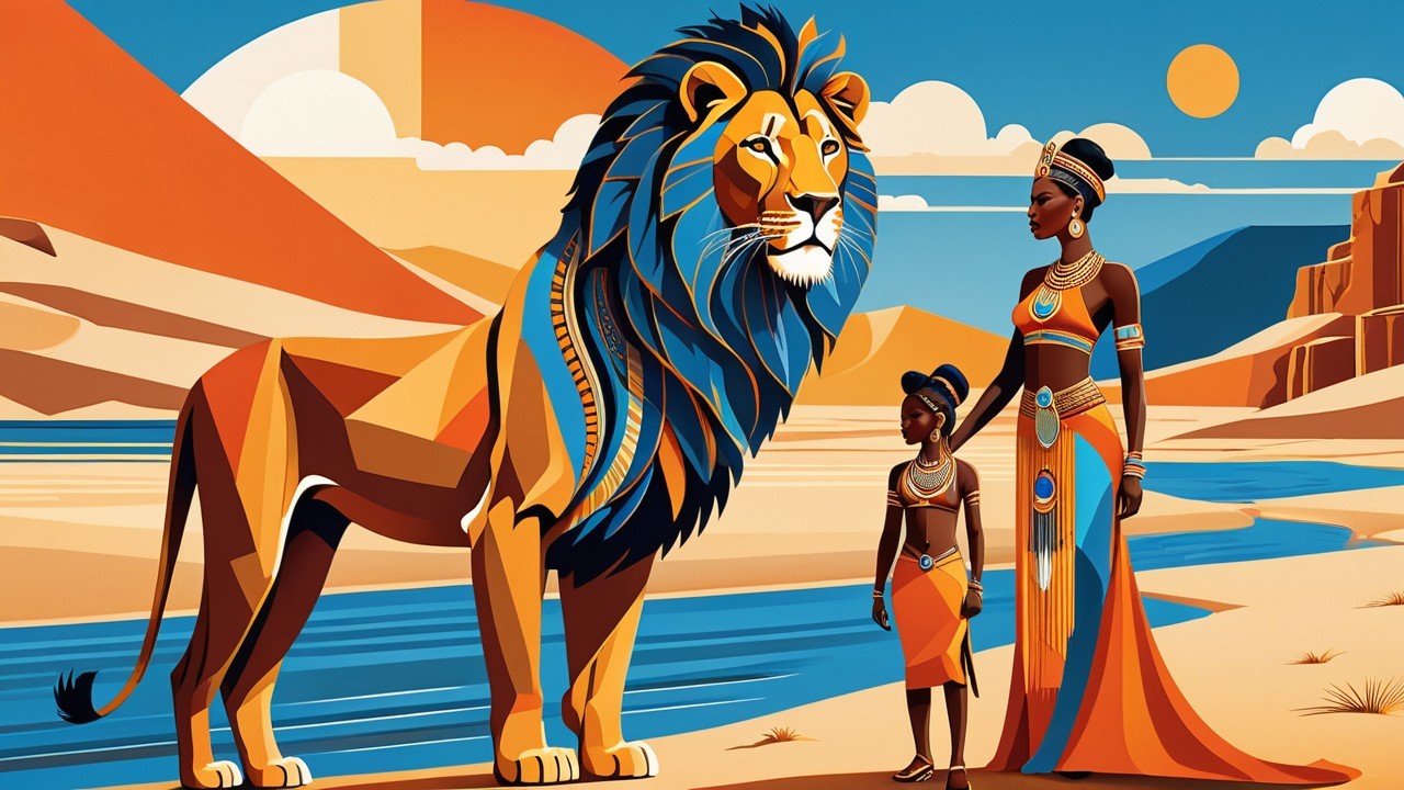Desert Landscape with Lion and Traditional Attire