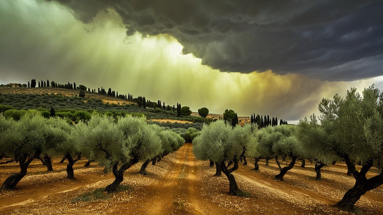 Olive Tree Landscape Under Dramatic Cloudy Sky