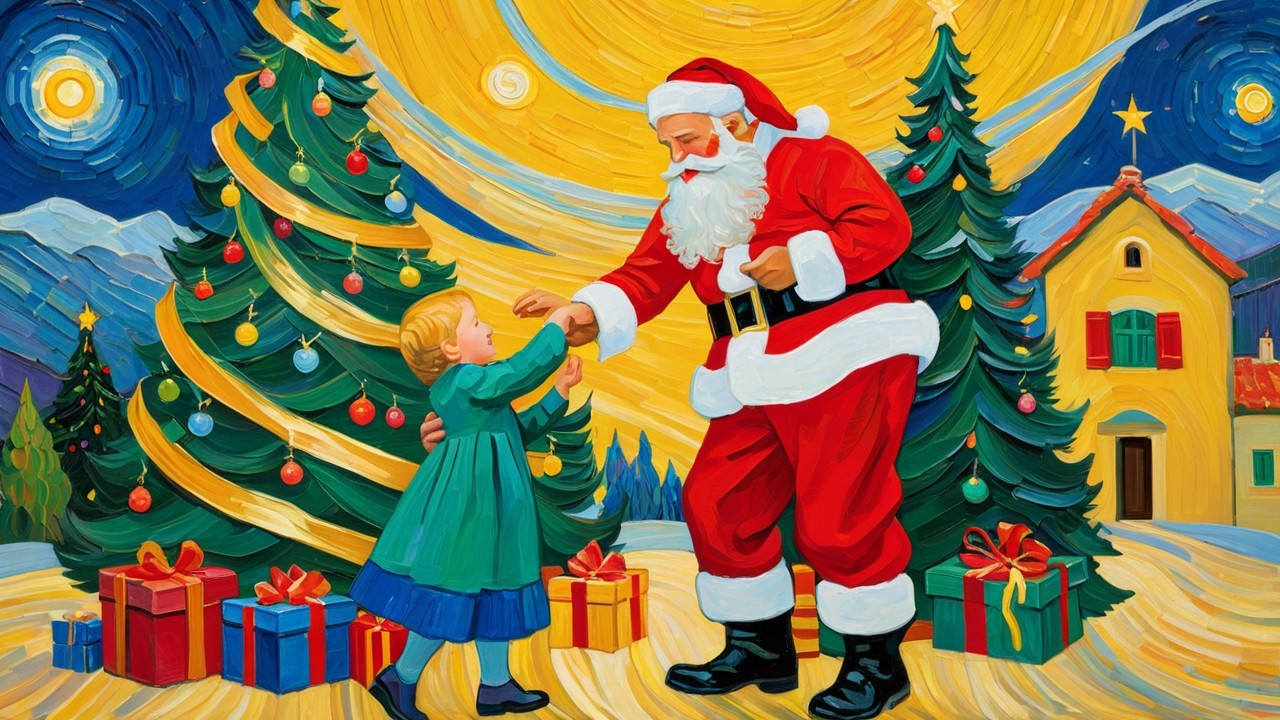 Stylized painting of Santa Claus and girl by Christmas tree