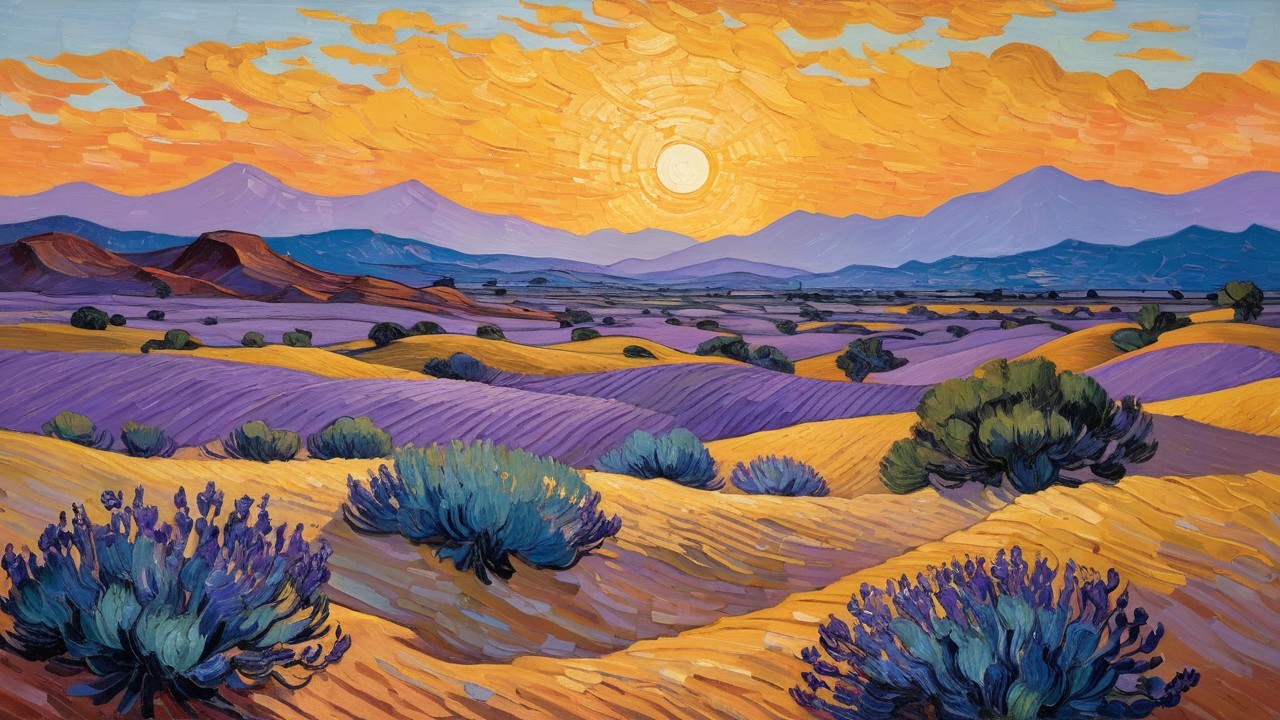 Vibrant Expressionistic Landscape with Lavender Fields