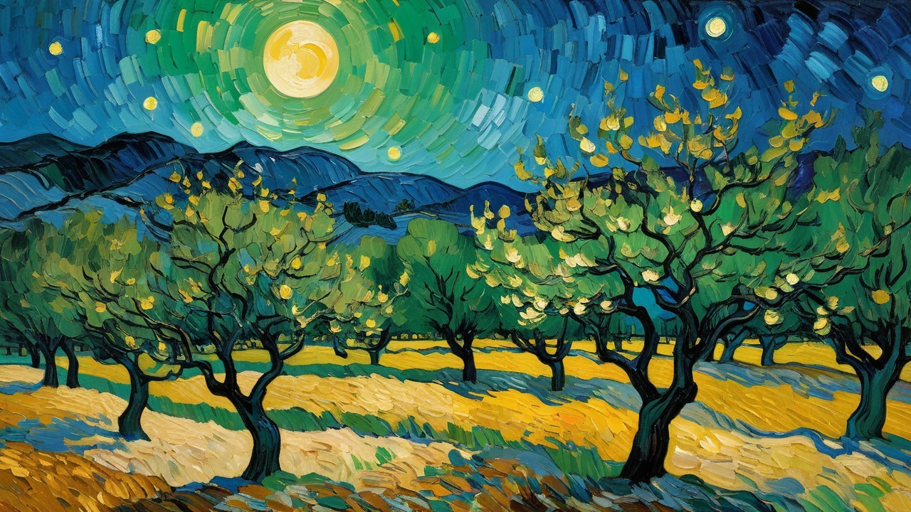 Vibrant Night Scene with Moonlit Sky and Olive Trees