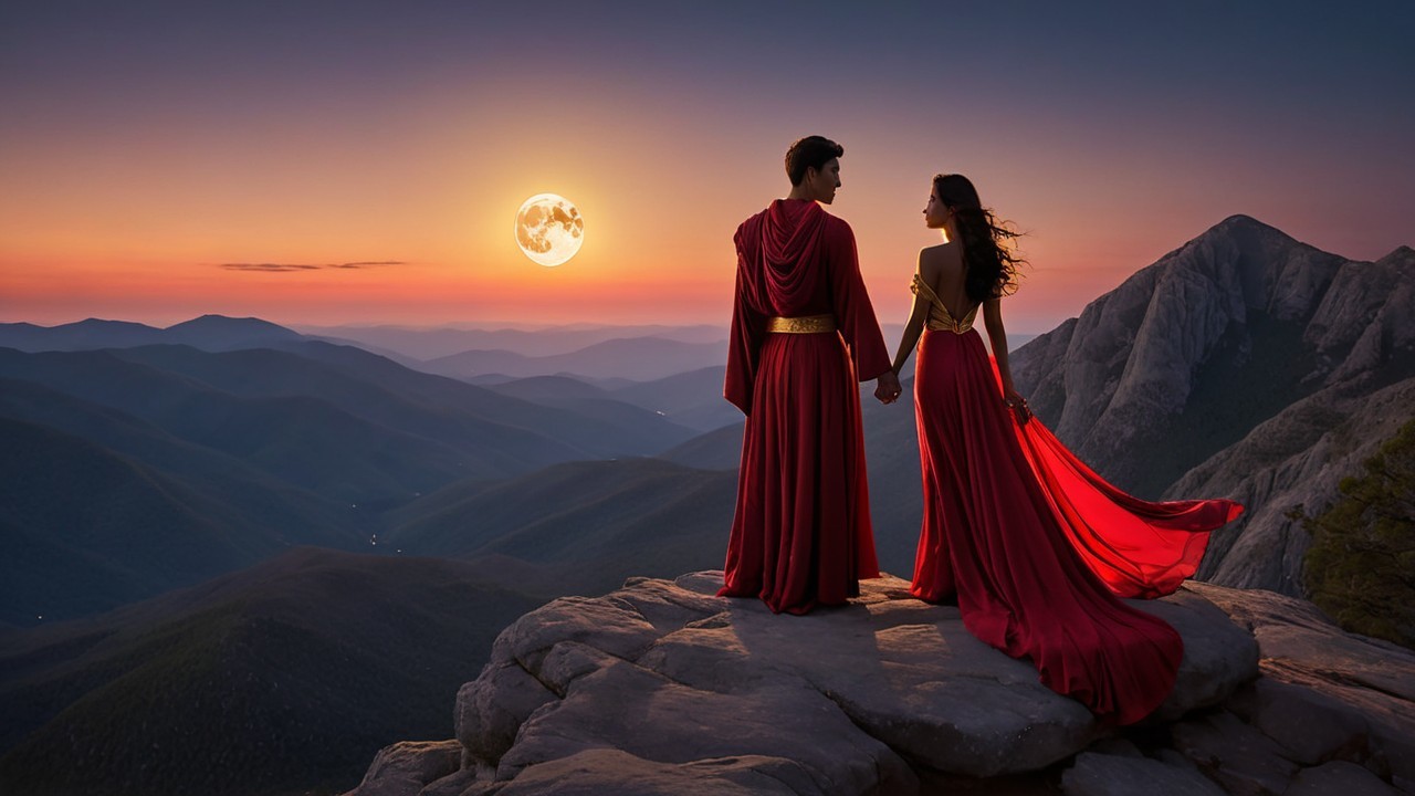 Couple in Elegant Robes Overlooking Mountain Landscape