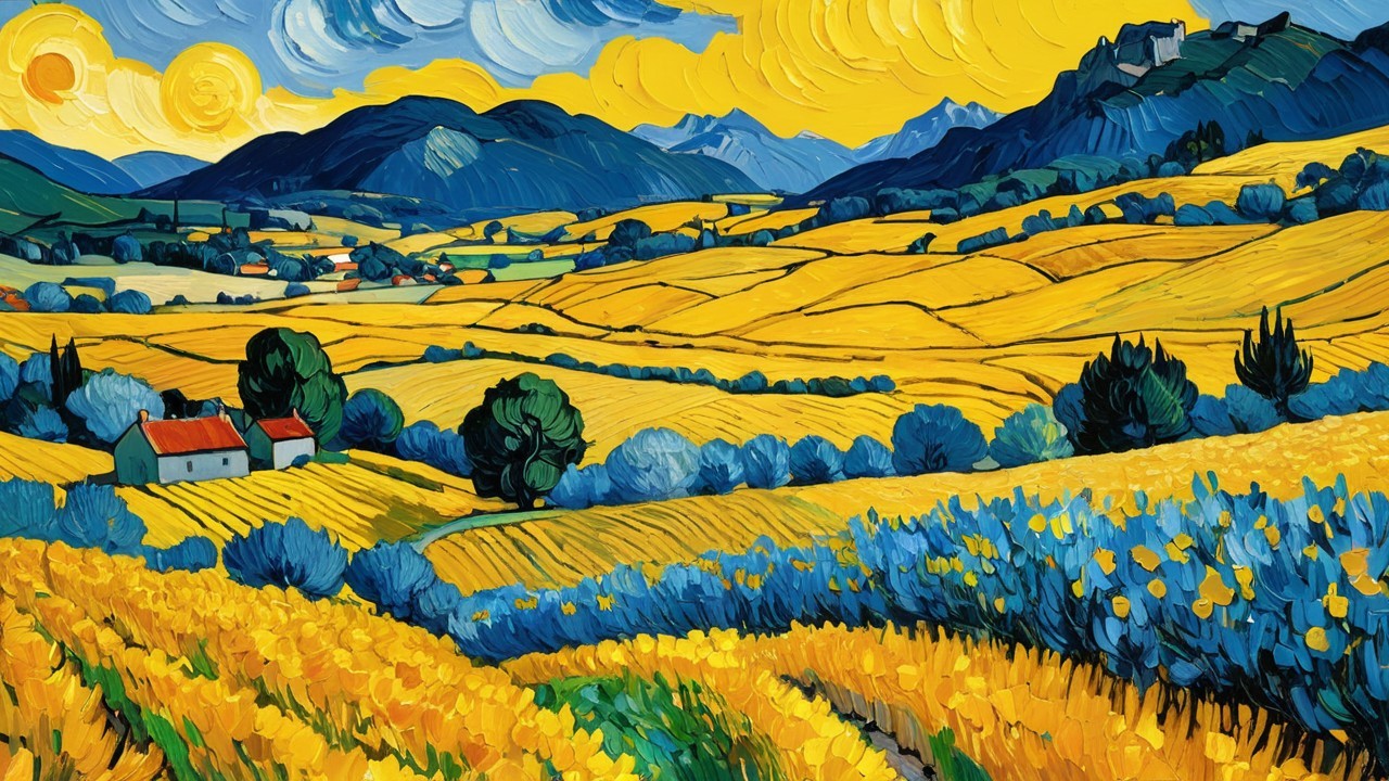 Vibrant Landscape with Rolling Hills and Blue Foliage