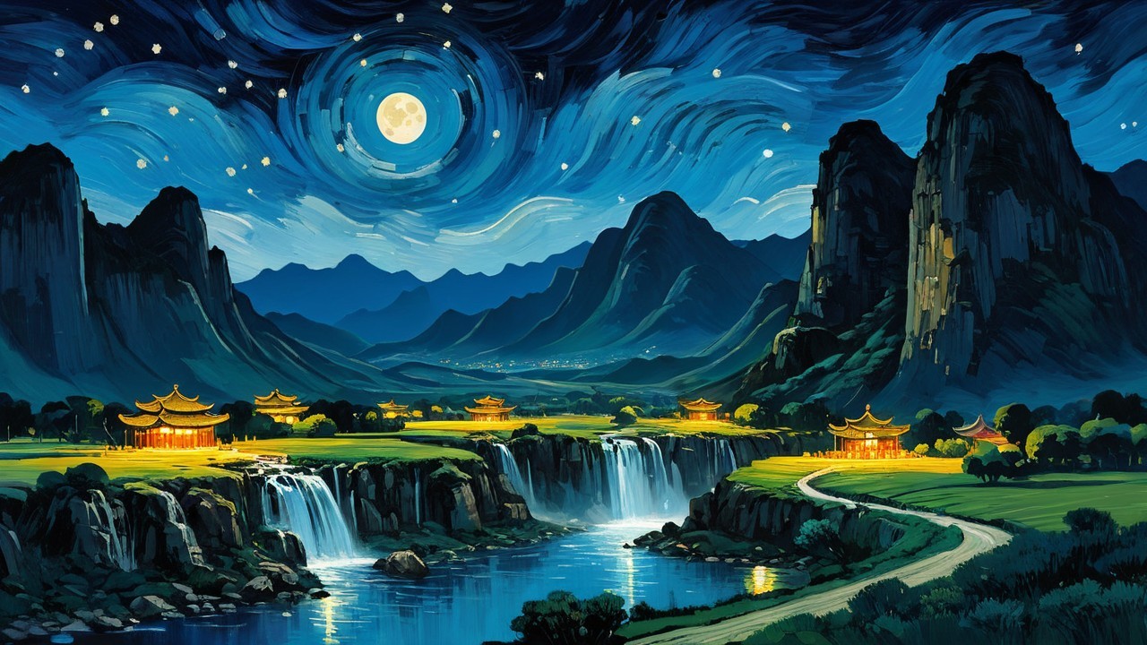 Fantasy Night Landscape with Moon and Waterfalls