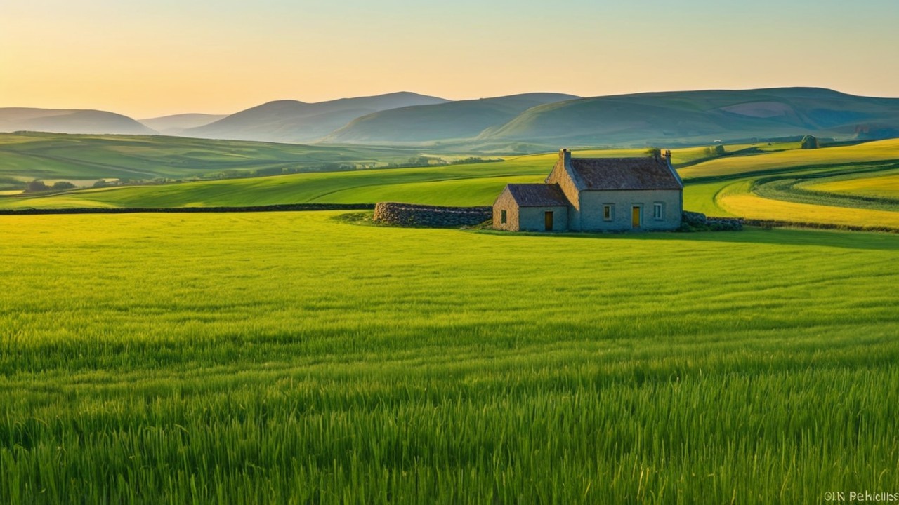 Serene Landscape with Rolling Hills and Cottage