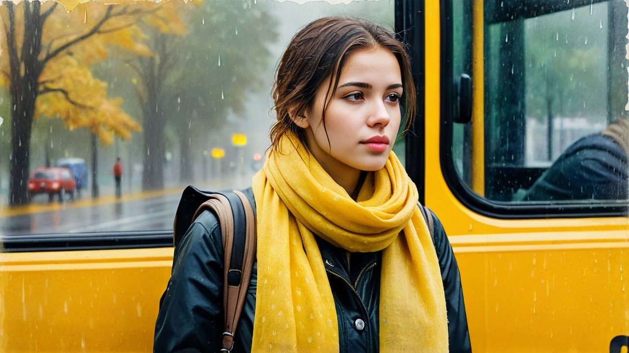 Young woman by yellow bus on a rainy day