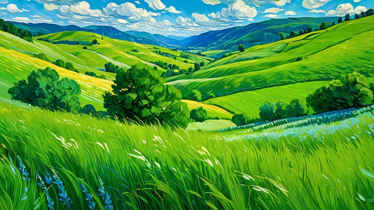 Vibrant Countryside Landscape with Green Hills and Sky